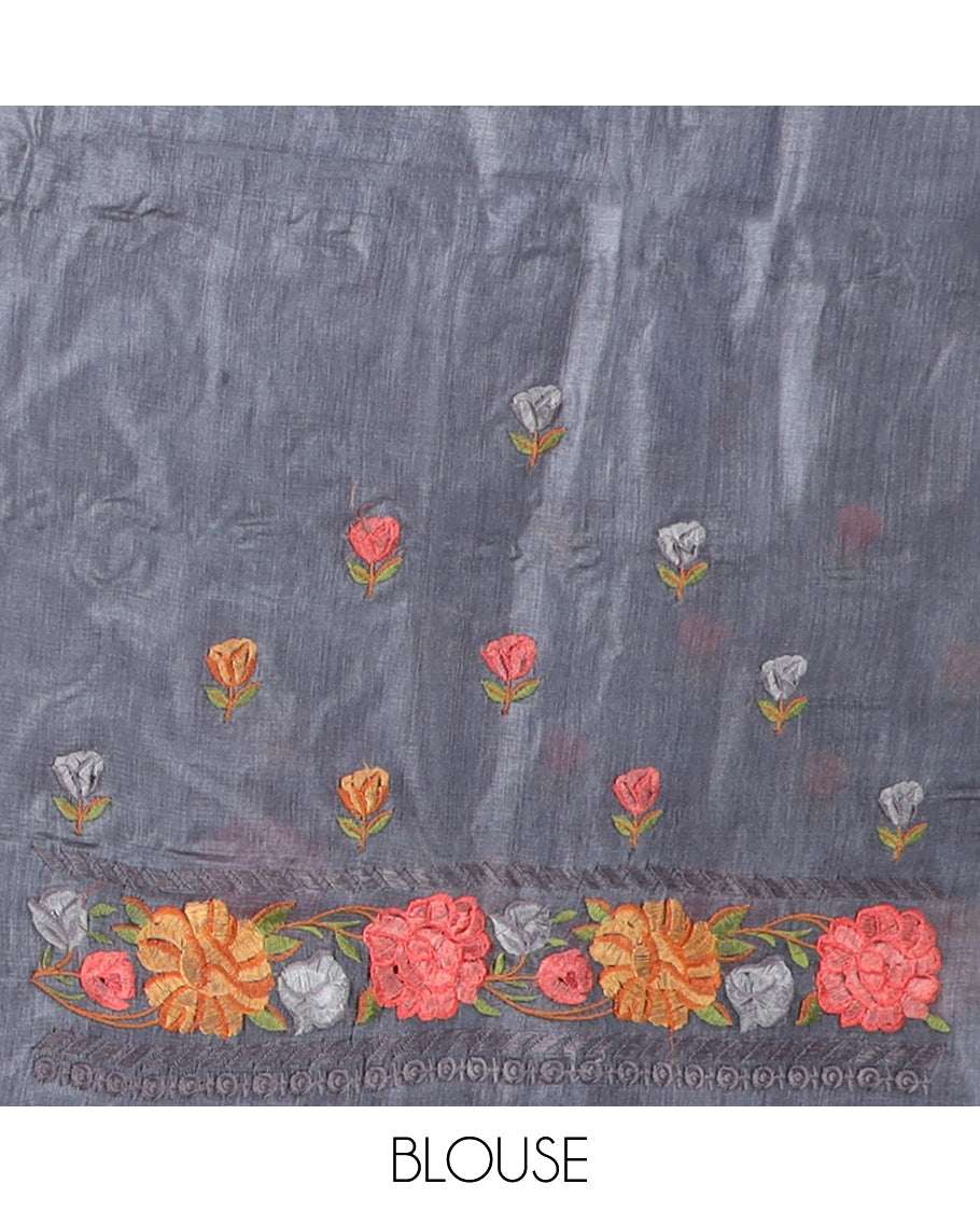 Cement grey floral motifs, multi-color thread embroidered tussar saree, floral vine thread embroidered border, and pallu
