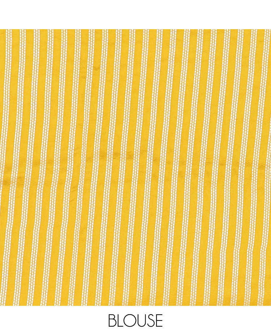 Yellow flower buttas Matka silk saree, scallop floral meenakari zari woven border, and pallu of stripes, and floral meenakari designs