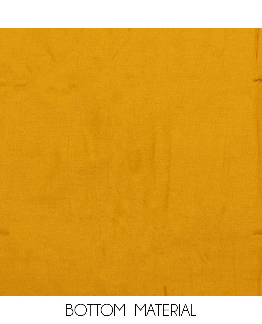 Yellow material chudidar set, abstract printed with neck embroidered top, plain bottom, and contrast embroidered motifs dupatta