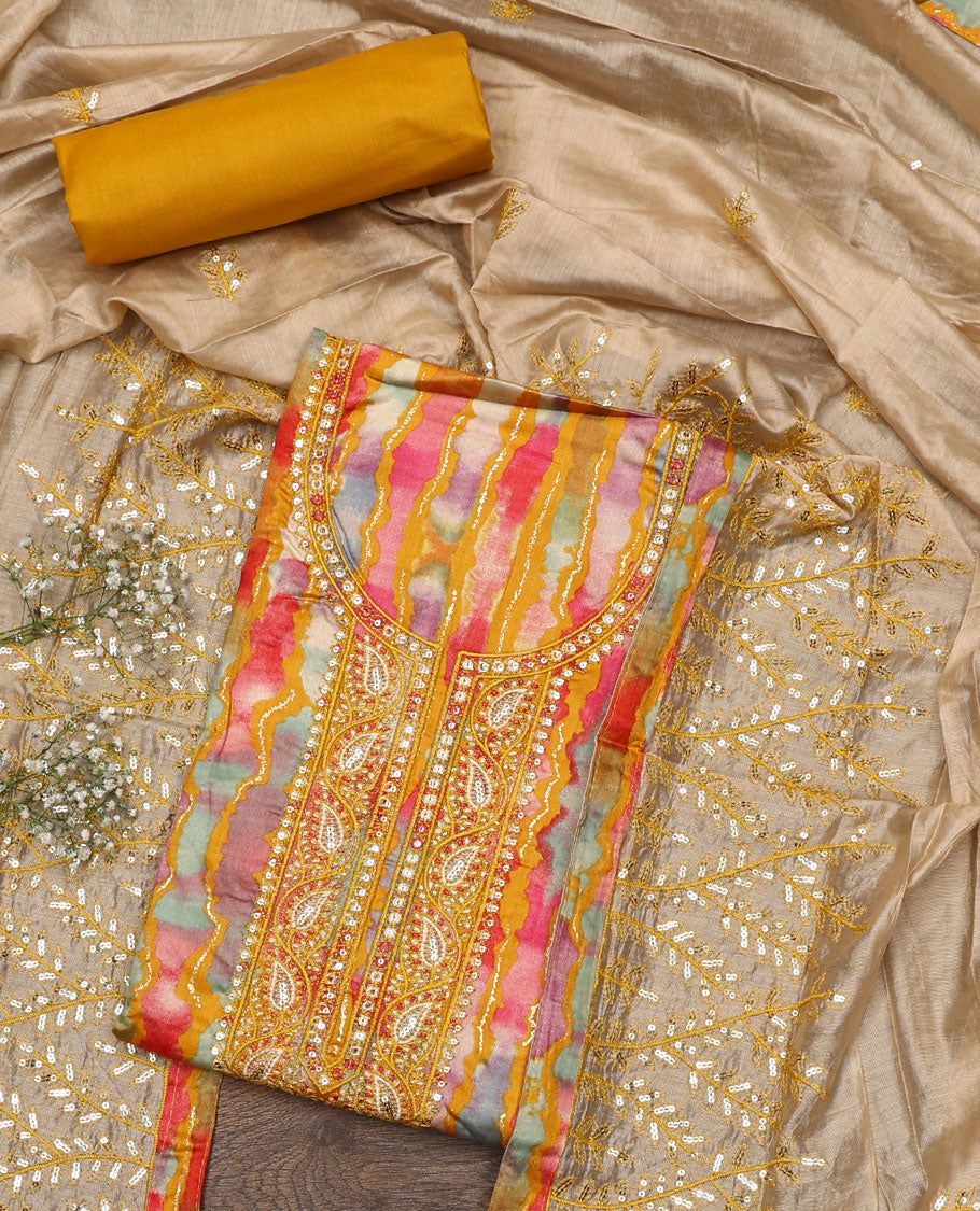 Yellow material chudidar set, abstract printed with neck embroidered top, plain bottom, and contrast embroidered motifs dupatta