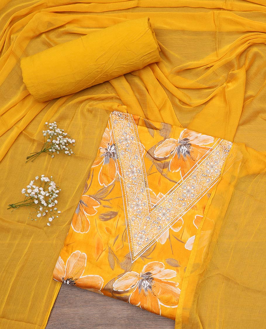 Yellow material chudidar set, floral printed with V-neck mixed embroidered top, plain bottom and plain dupatta