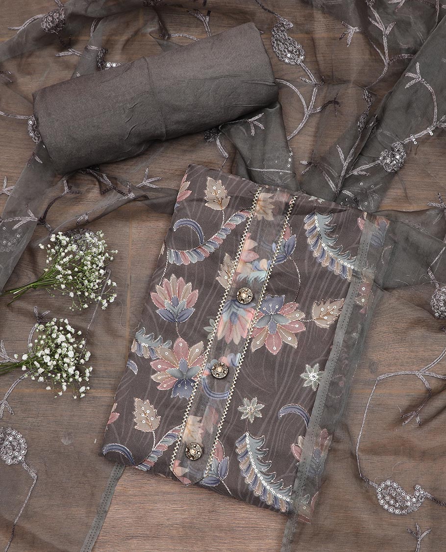 Brown material chudidar set, floral printed with thread outline, embroidered top, plain bottom, and floral jaal sequins embroidered dupatta