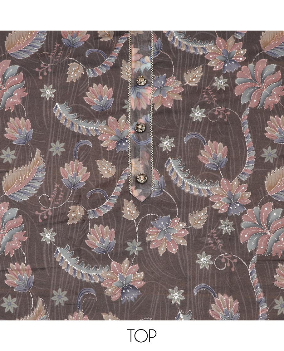 Brown material chudidar set, floral printed with thread outline, embroidered top, plain bottom, and floral jaal sequins embroidered dupatta