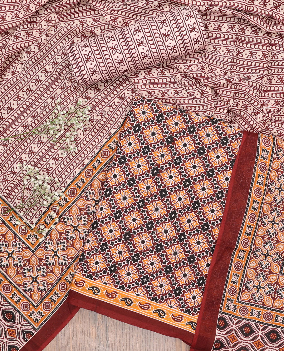 Red chudidhar material set argyle floral design top with striped floral bottom & floral design dupatta