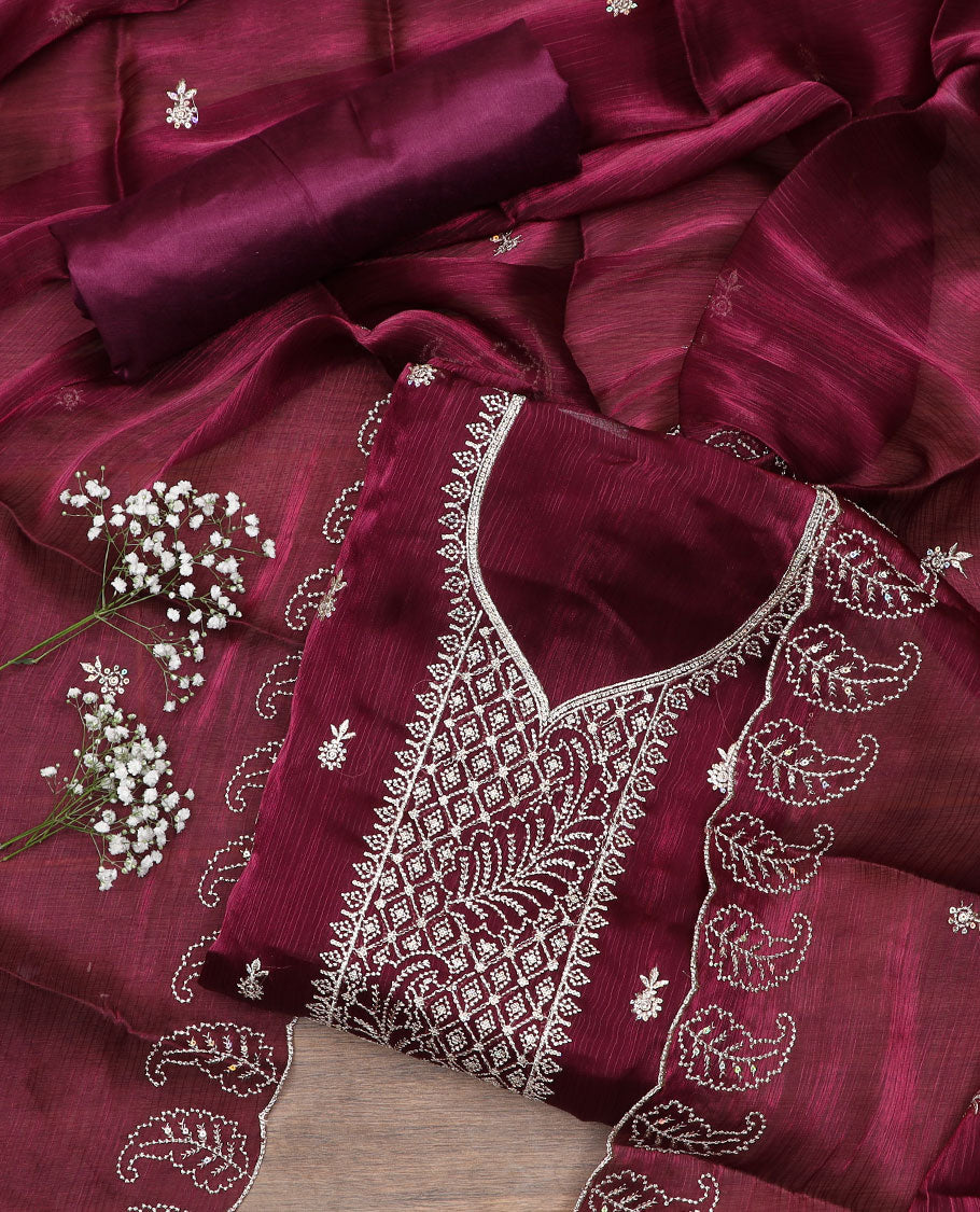 Wine material chudidar set, thread embroidered top, plain bottom, and thread embroidered scallop dupatta
