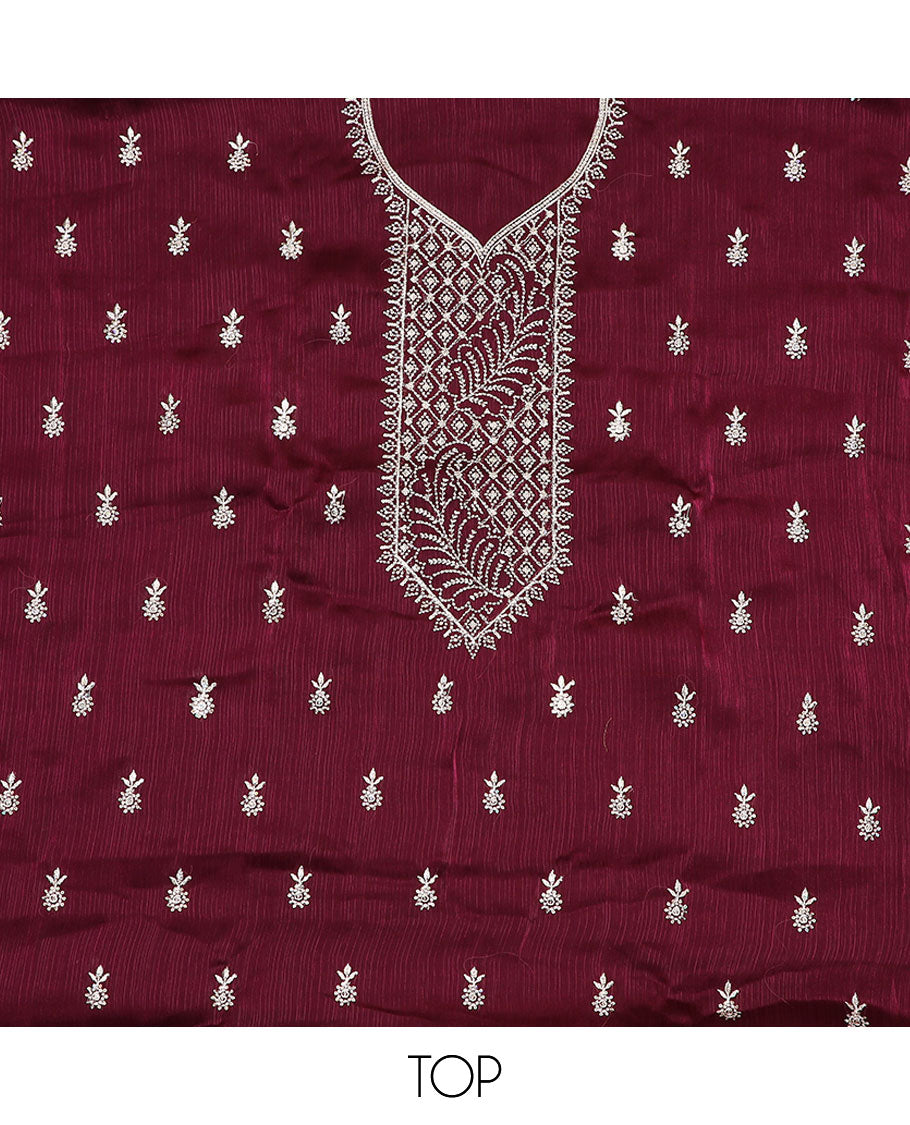 Wine material chudidar set, thread embroidered top, plain bottom, and thread embroidered scallop dupatta