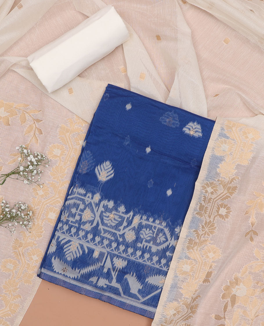 Blue chudidhar material set, ikkat floral design top , plain bottom & floral design dupatta