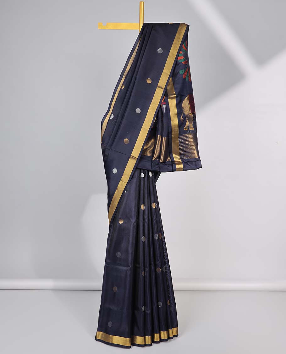 Black polka dot upadda silk saree with self zari border & floral, animal design pallu
