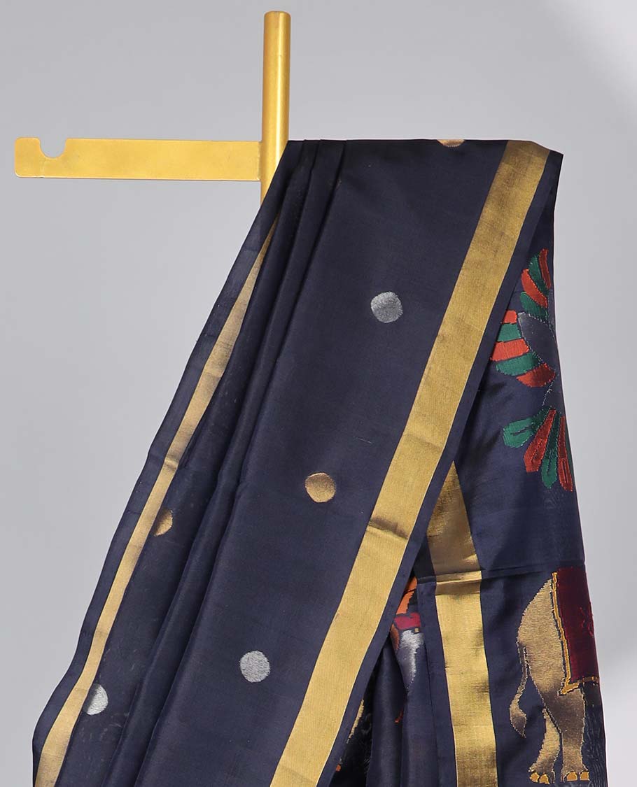 Black polka dot upadda silk saree with self zari border & floral, animal design pallu