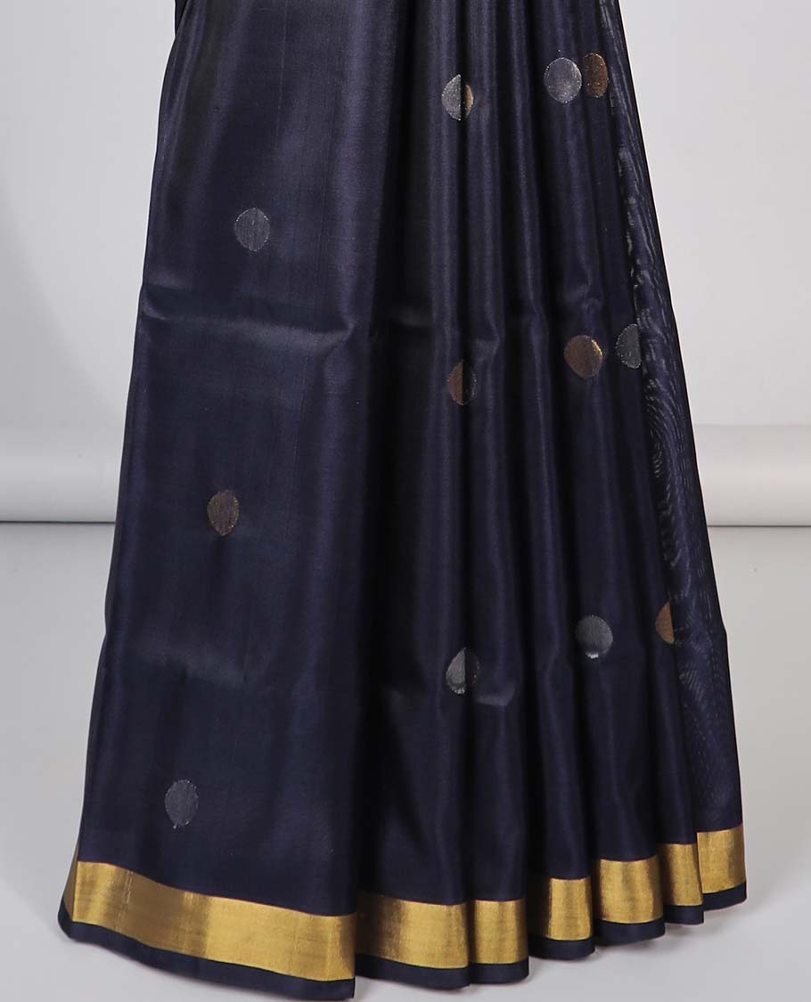 Black polka dot upadda silk saree with self zari border & floral, animal design pallu
