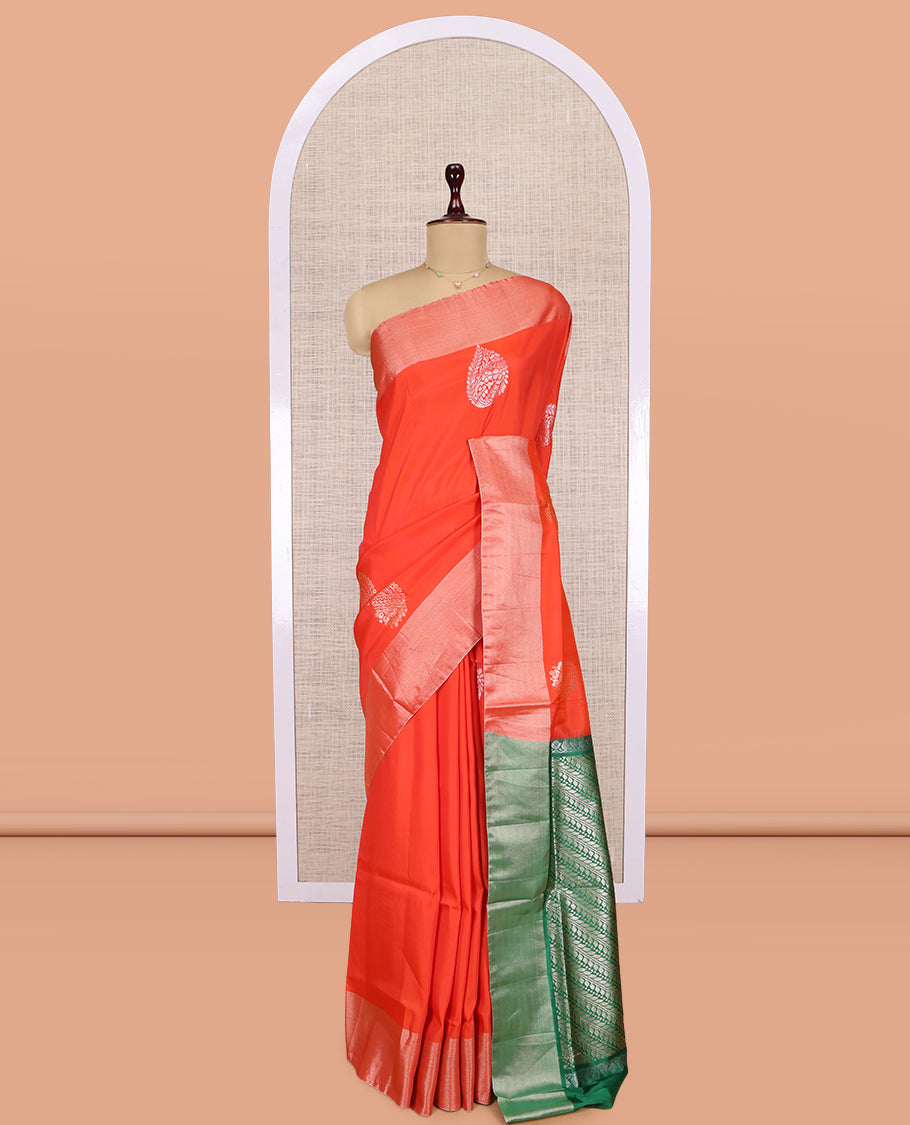 Orange Uppada Saree, Crafted with Zari Buttas, a Bavanji Border, Contrast Leaf Vine Pallu, and a Contrast Blouse