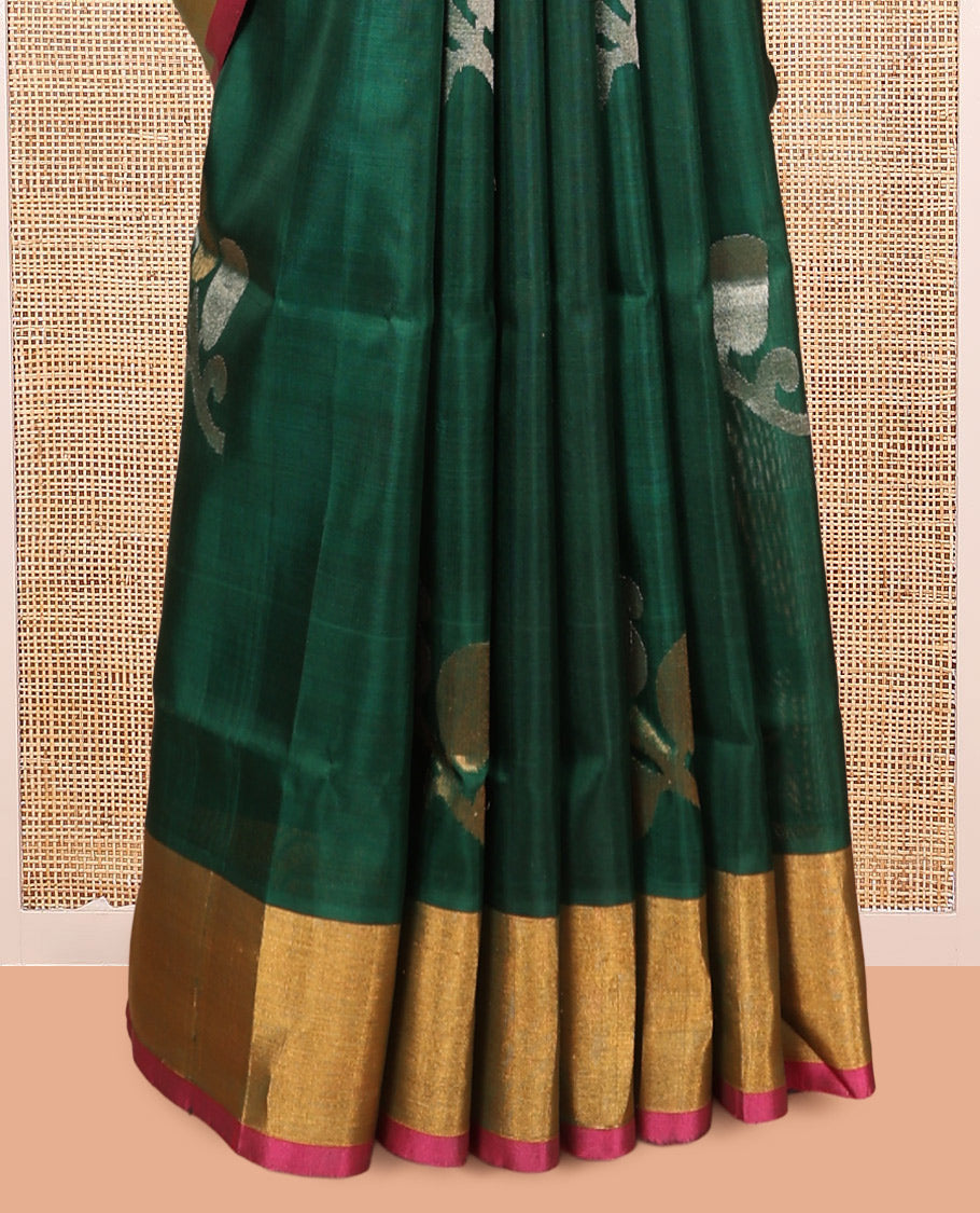 Green Uppada Silk Saree, Accentuated with Floral Vine Zari Buttas, Complemented By Contrast Bavanji Border, Pallu of Floral Buttas and a Contrast Blouse