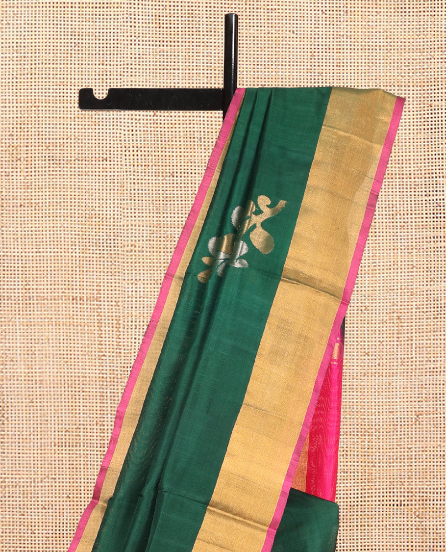 Green Uppada Silk Saree, Accentuated with Floral Vine Zari Buttas, Complemented By Contrast Bavanji Border, Pallu of Floral Buttas and a Contrast Blouse