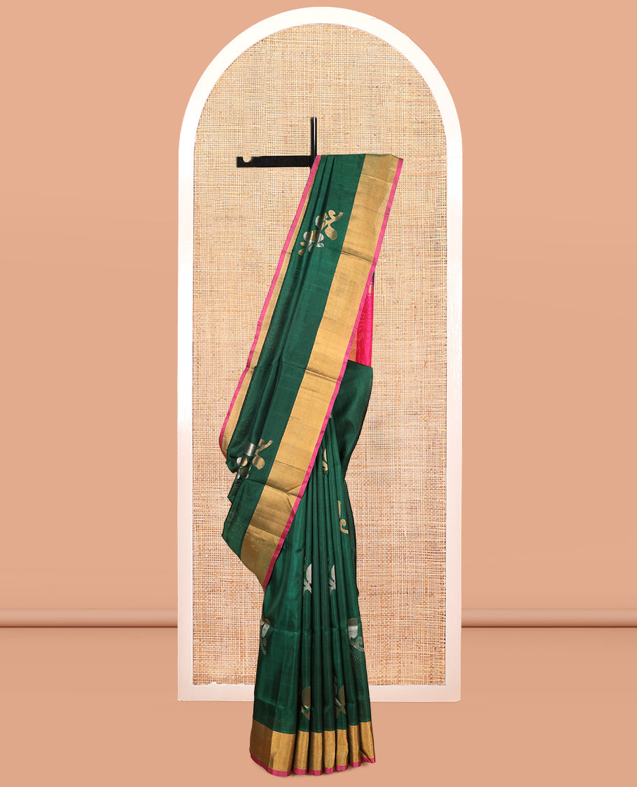 Green Uppada Silk Saree, Accentuated with Floral Vine Zari Buttas, Complemented By Contrast Bavanji Border, Pallu of Floral Buttas and a Contrast Blouse
