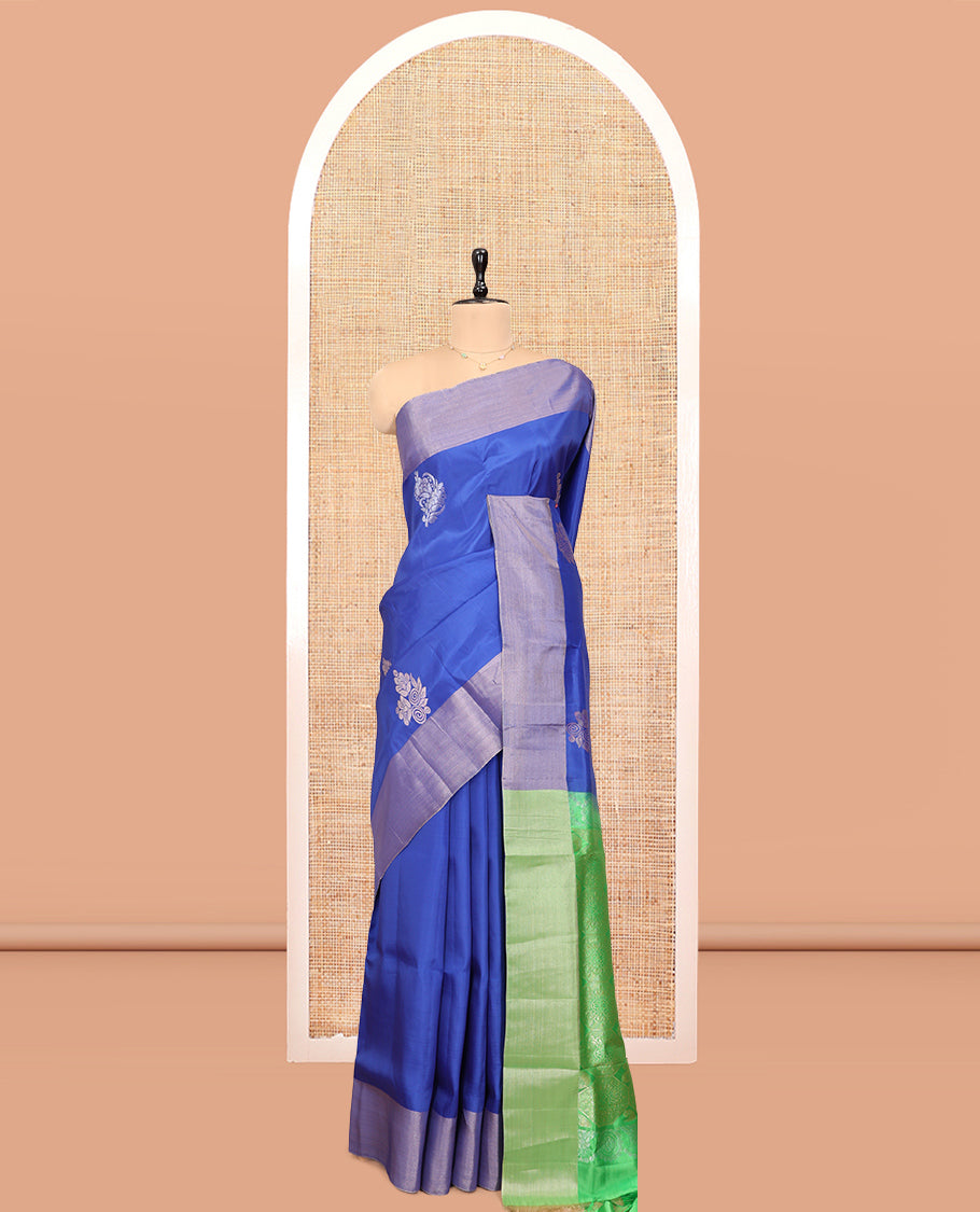 Blue Semi Uppada Saree, Enthralled with Zari Buttas, a Bavanji Border, Contrast Intricate Pallu, and a Contrast Blouse