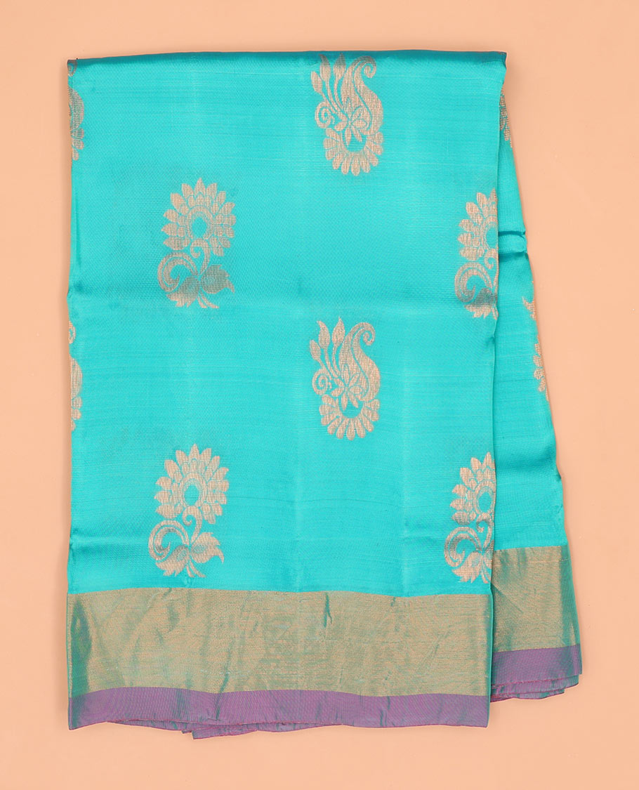 Blue with floral motifs semi-uppada saree with contrast zari border & zari jaal design pallu