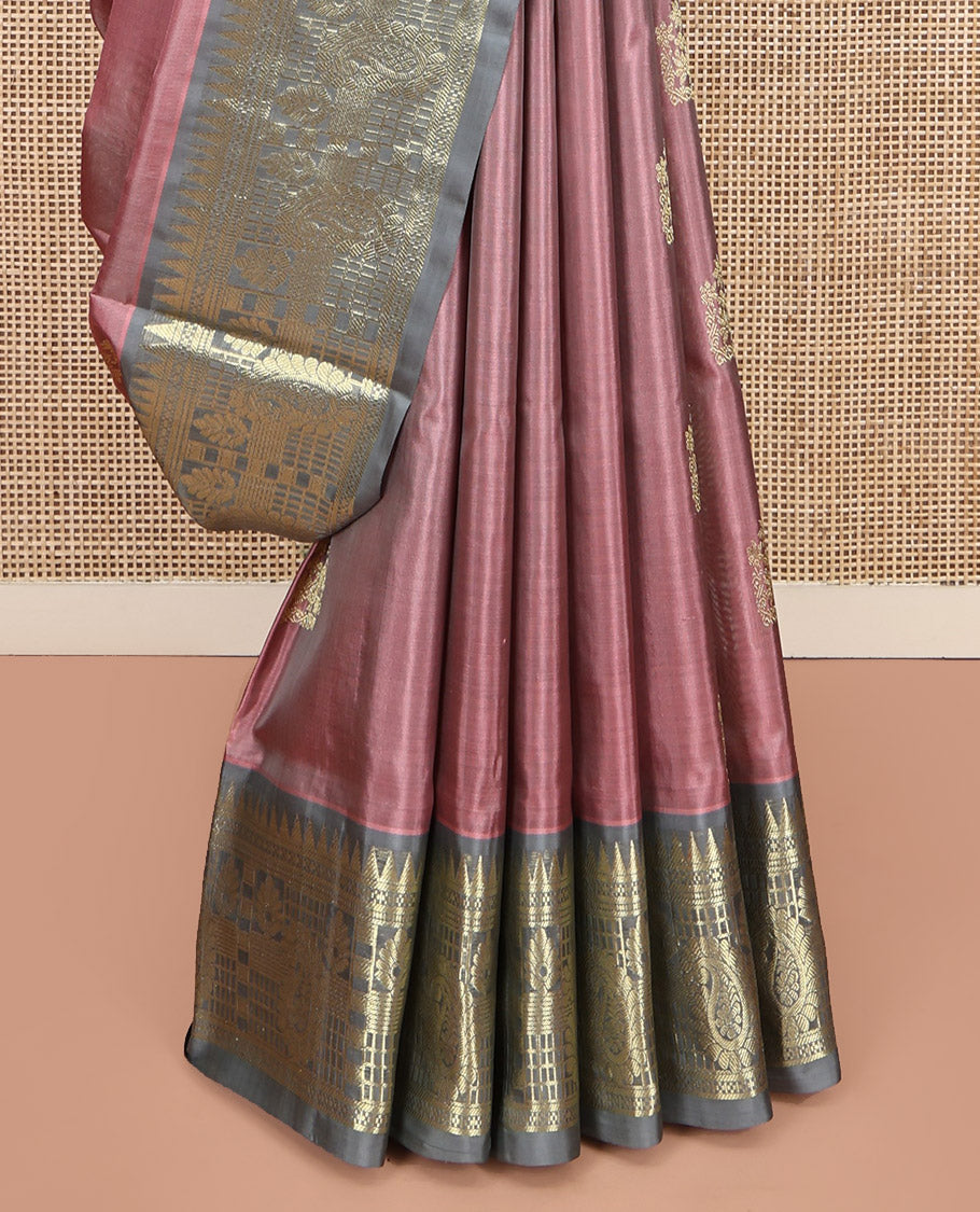 Pink Venkatagiri Silk Saree, Embellished with Zari Buttas All Over Its Body, Complemented by a Contrast Traditional Zari Design Border, Pallu of Thilakam Designs, and Paired with a Contrast Blouse