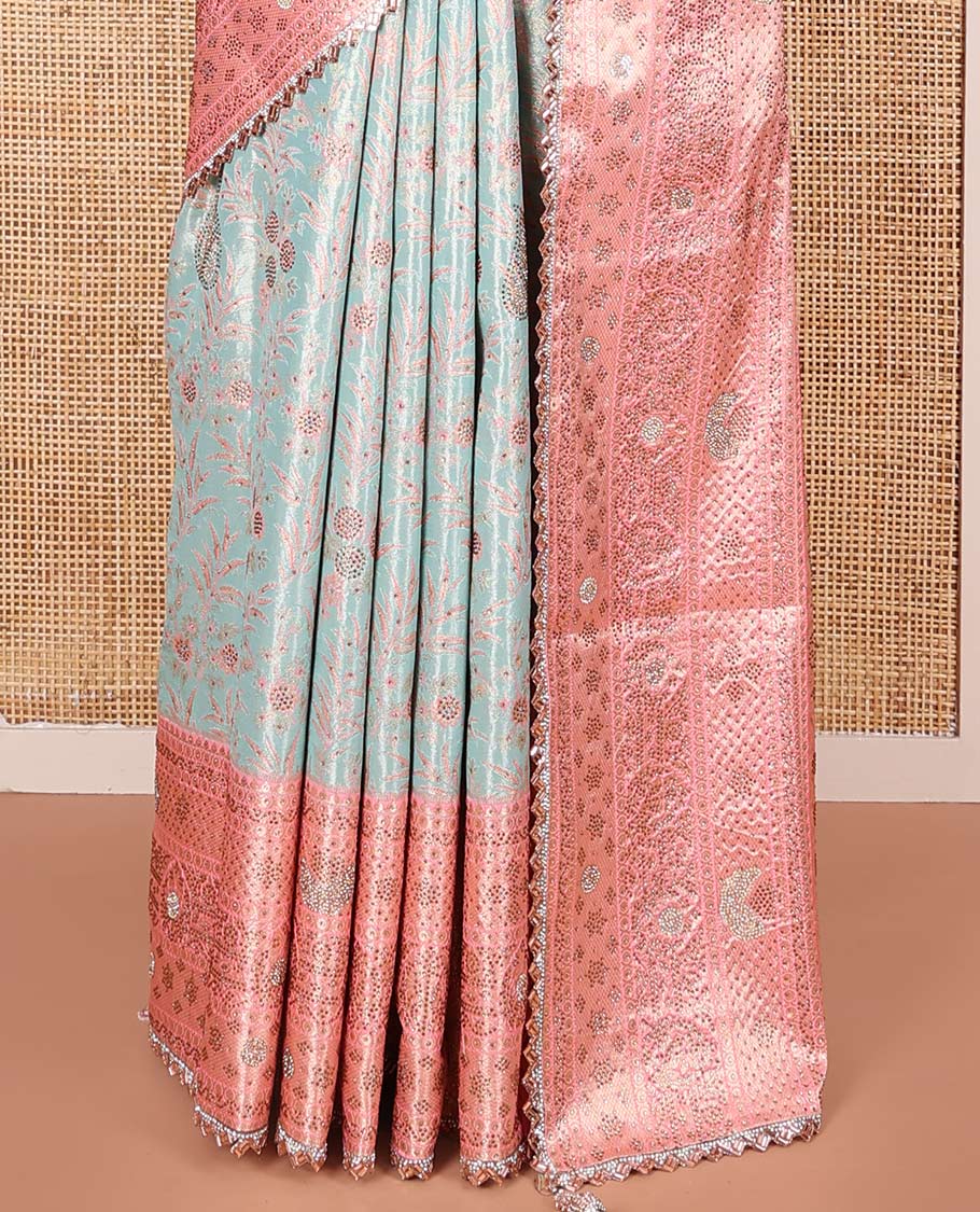 Blue Vastrakala Silk Saree Elegantly Highlighted with Floral Jacquard and Stone Work, Complemented by Contrast Traditional Zari and Stone Embroidered Scallop Border, Mughal-Style Zari Woven Stone Work Pallu, and Paired with Contrast Stone Work Blouse