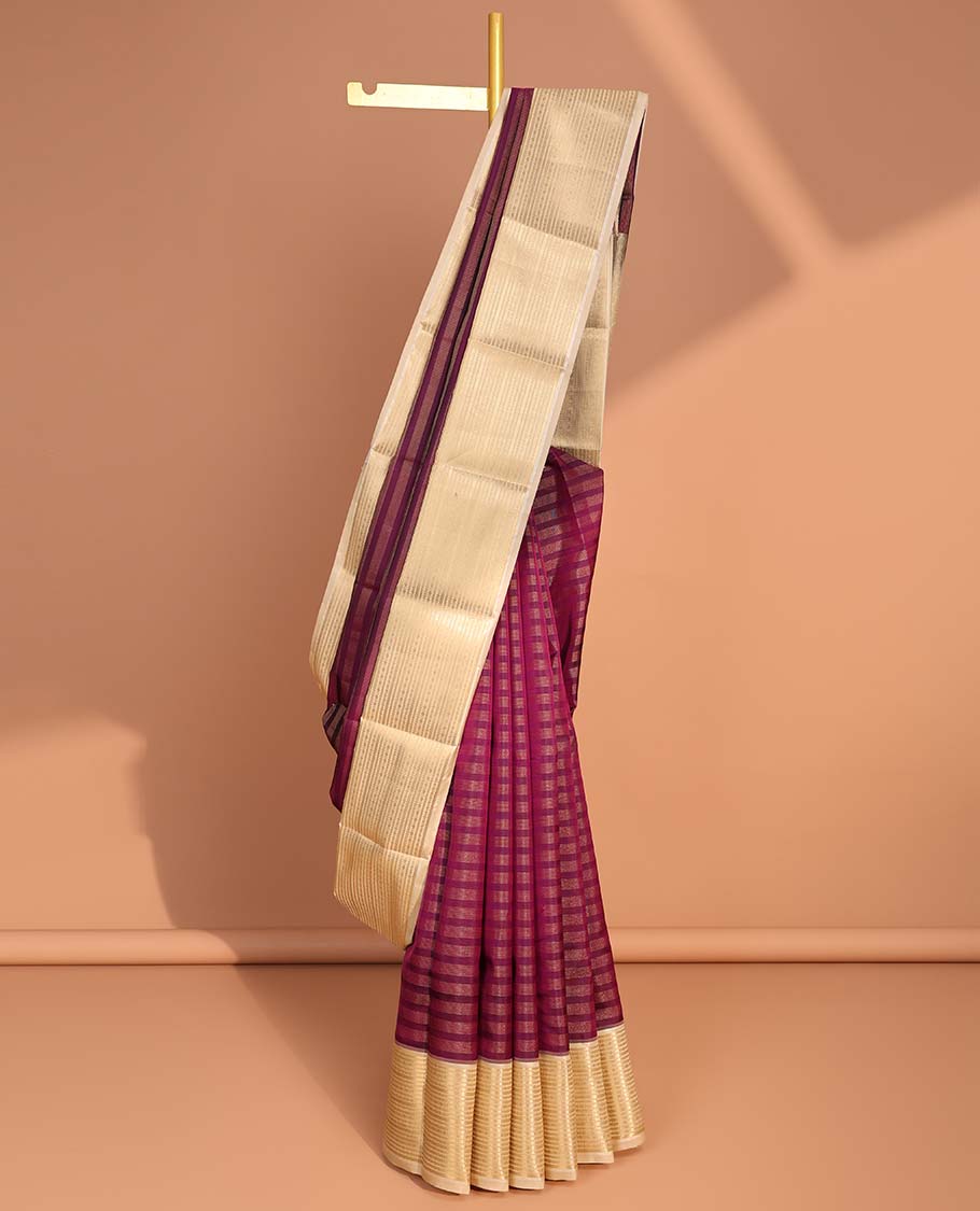 Maroon striped vasundhara elite silk saree with contrast striped zari design border & intricate zari design pallu