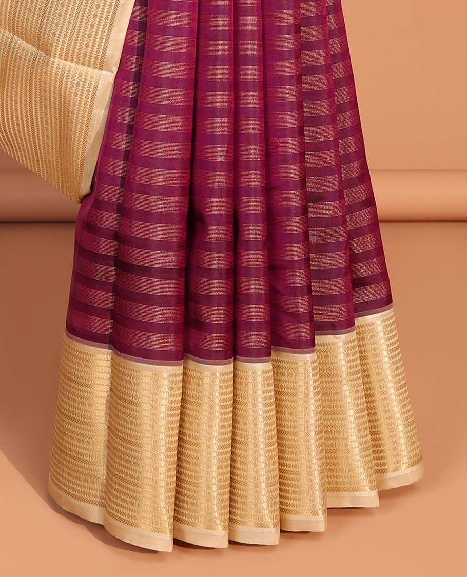 Maroon striped vasundhara elite silk saree with contrast striped zari design border & intricate zari design pallu
