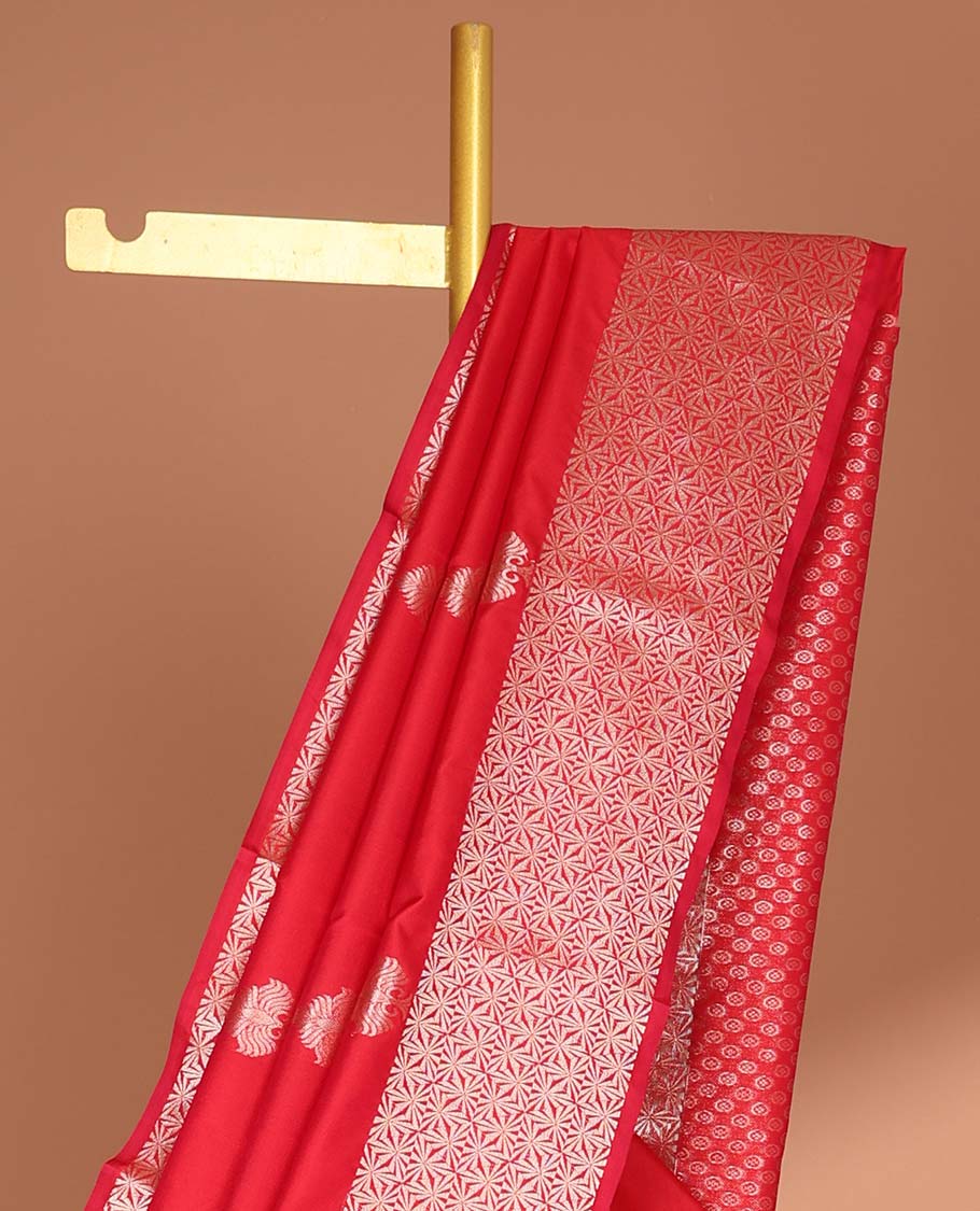 Red leaf buttas vasundhara elite silk saree with self intricate zari design border & leaf zari design pallu