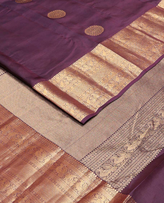 Maroon chakram buttas Vasundhara silk mix saree, zari border of thilakam mokku,kamalam,rettai neli,annam,yaanai & mayil kann designs & mayil kann pallu
