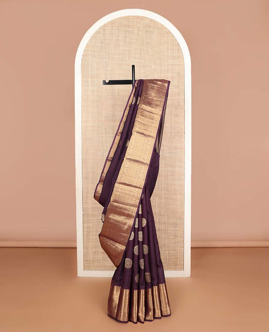 Maroon chakram buttas Vasundhara silk mix saree, zari border of thilakam mokku,kamalam,rettai neli,annam,yaanai & mayil kann designs & mayil kann pallu