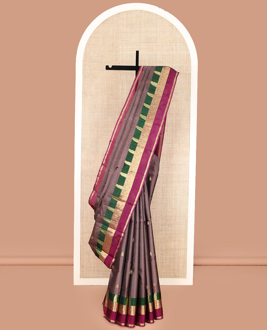 Brown Vasundhara Lite Silk Mix Saree, Graced with Zari Buttas All Over Its Body, Complemented by a Contrast Rettai Pettu Border of Manga, Rekku, Mayil, and Kamalam Designs, Grandly Woven Pallu, and Paired with a Contrast Blouse