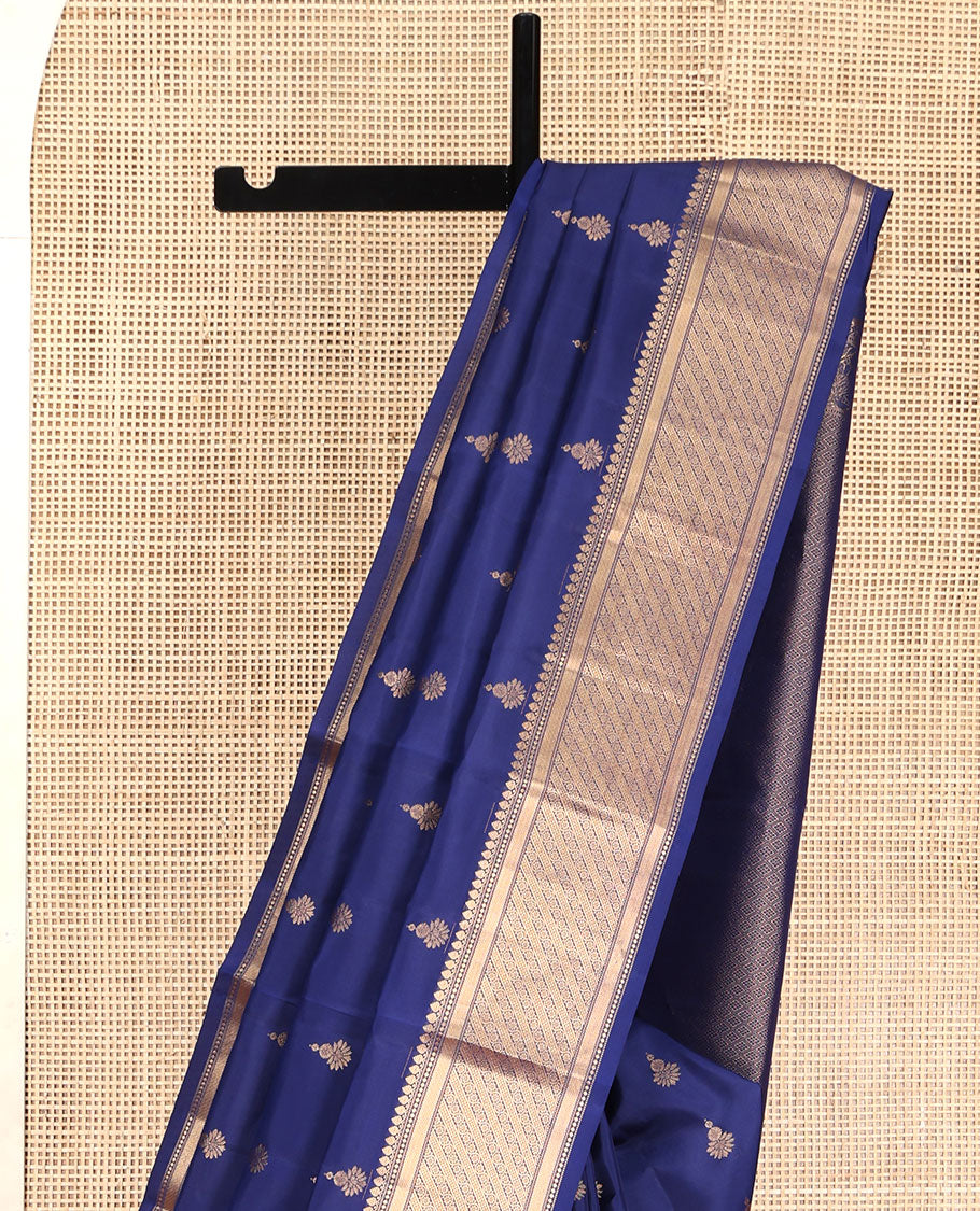 Blue Vasundhara Lite Silk Mix Saree, Elevated with Zari Buttas All Over Its Body, Highlighted by a Zari Border of Thilakam Mokku, and Kodi Visiry Designs, Pallu of Jaal Designs, and Paired with a Matching Blouse