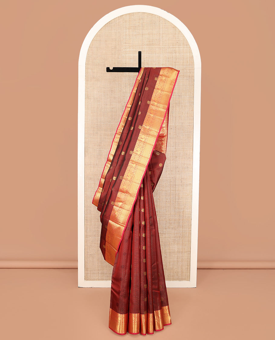 Maroon Vasundhara Lite Silk Mix Saree, Mesmerized with Annam-Chakram Butts and Stripes on Its Body, Complemented by Contrast Border of Thazampoo Rekku, Muthu, Rudraskham, Mayil, and Muthu Designs, Grand Jaal Pallu, and Paired with a Contrast Blouse