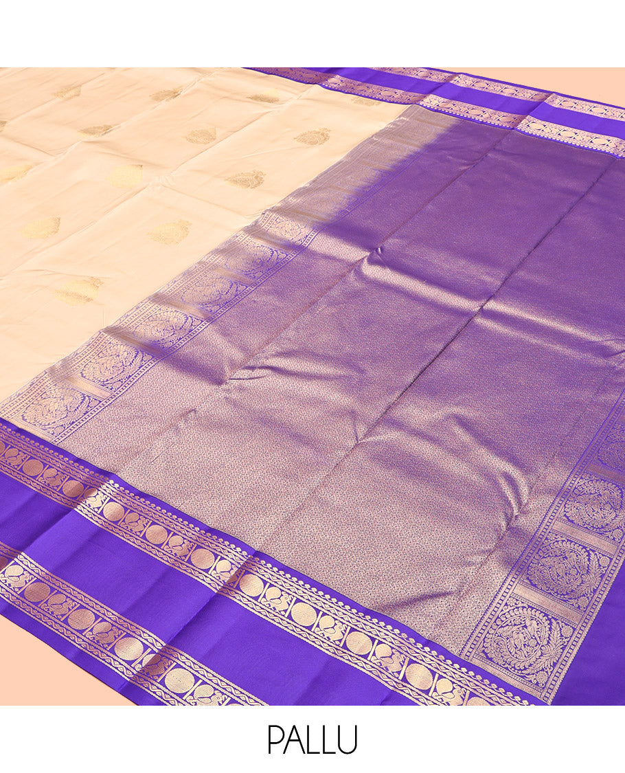 Cream Vasundhara Lite Silk Mix Saree, Subtly Sparkled with Zari Buttas, a Contrast Rettai Pettu Border of Thilakam Mokku, Neli, Mayil, and Poun, Intricate Pallu, and a Contrast Blouse