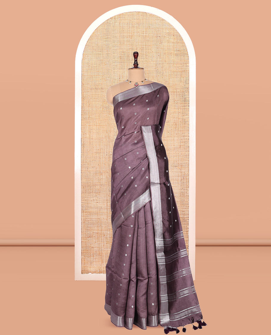 Brown Banana Pith Saree, Adorned with Buttas, a Zari Border, Striped Pallu, and Matching Blouse