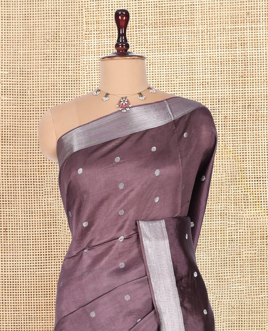 Brown Banana Pith Saree, Adorned with Buttas, a Zari Border, Striped Pallu, and Matching Blouse