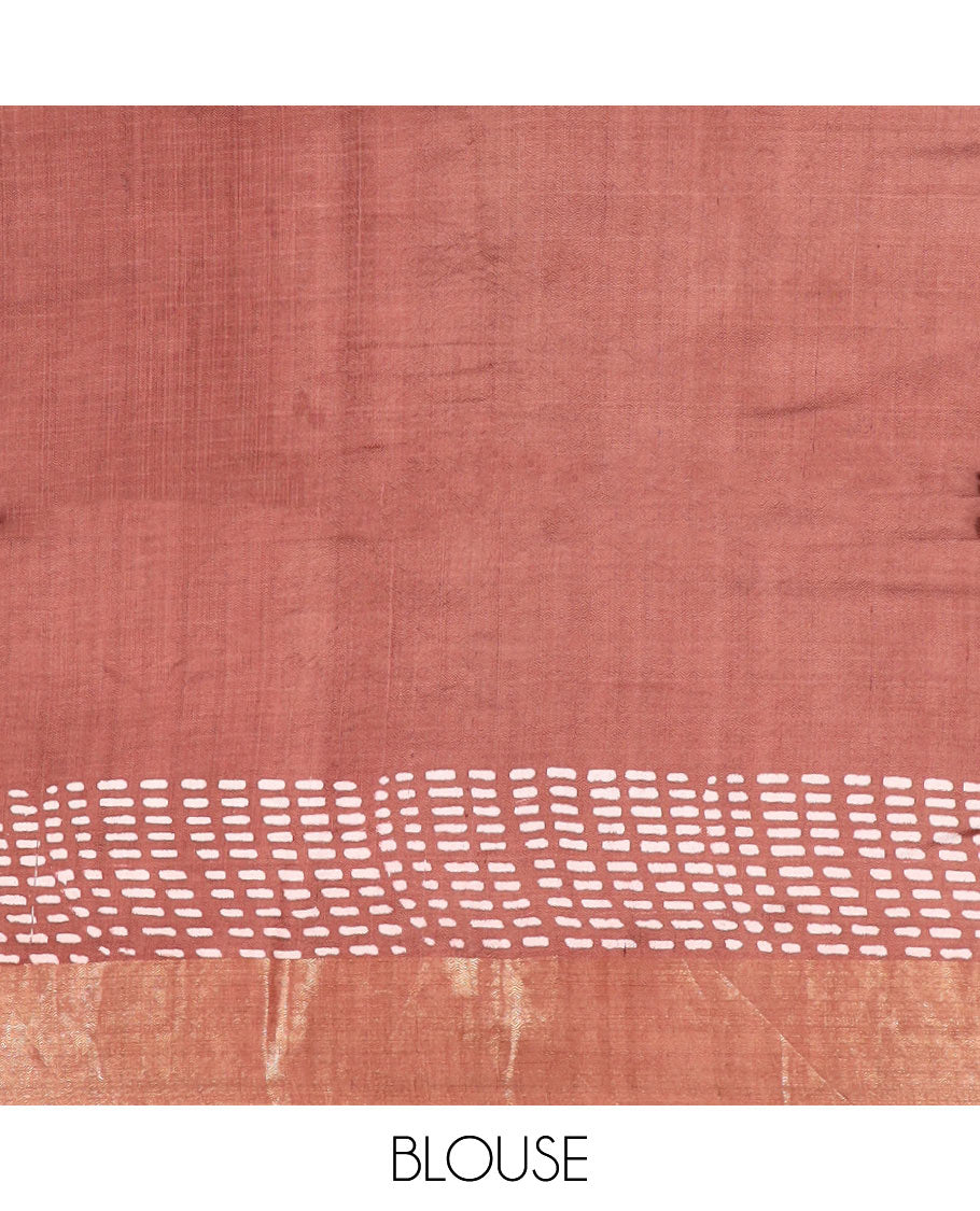 Brown floral and geometric printed banana pith saree, zari border, and printed pallu