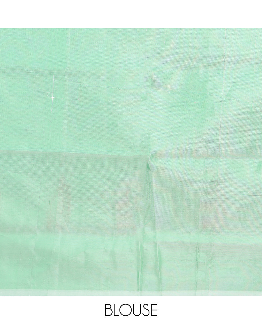 Borderless pink buttas Banana pith saree, contrast pallu of stripes, and paisley buttas