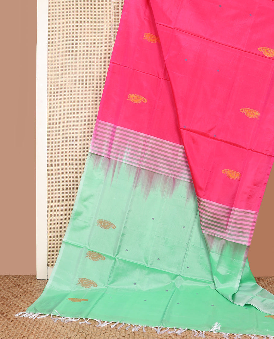 Borderless pink buttas Banana pith saree, contrast pallu of stripes, and paisley buttas