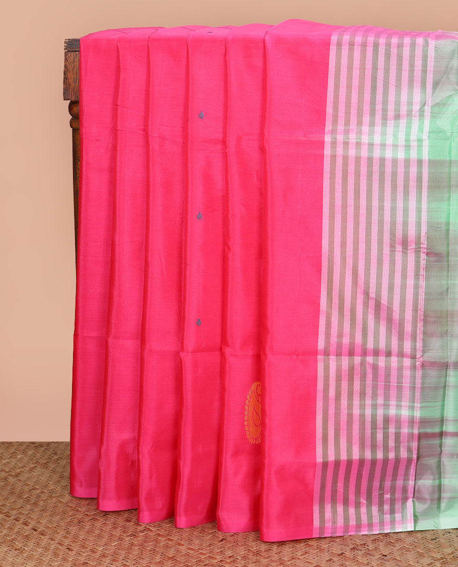 Borderless pink buttas Banana pith saree, contrast pallu of stripes, and paisley buttas