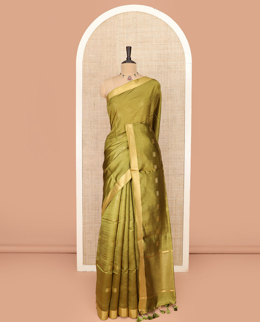 Green Banana Pith Saree Delicately Woven with Square Zari Buttas, Bavanji Border, Gleaming Zari Striped Pallu, and Paired with a Matching Plain Blouse