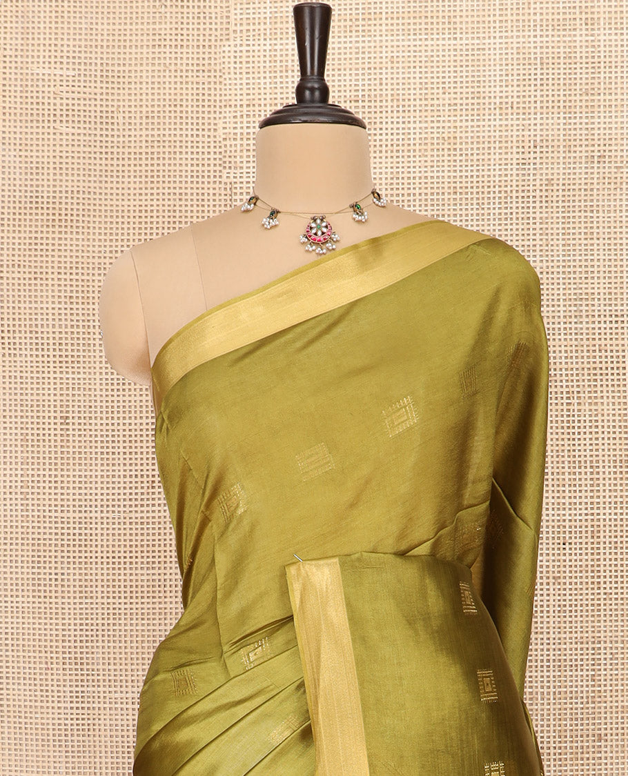Green Banana Pith Saree Delicately Woven with Square Zari Buttas, Bavanji Border, Gleaming Zari Striped Pallu, and Paired with a Matching Plain Blouse