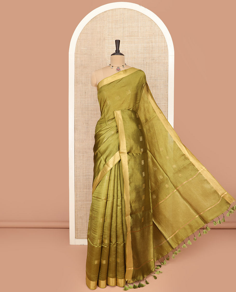 Green Banana Pith Saree Delicately Woven with Square Zari Buttas, Bavanji Border, Gleaming Zari Striped Pallu, and Paired with a Matching Plain Blouse