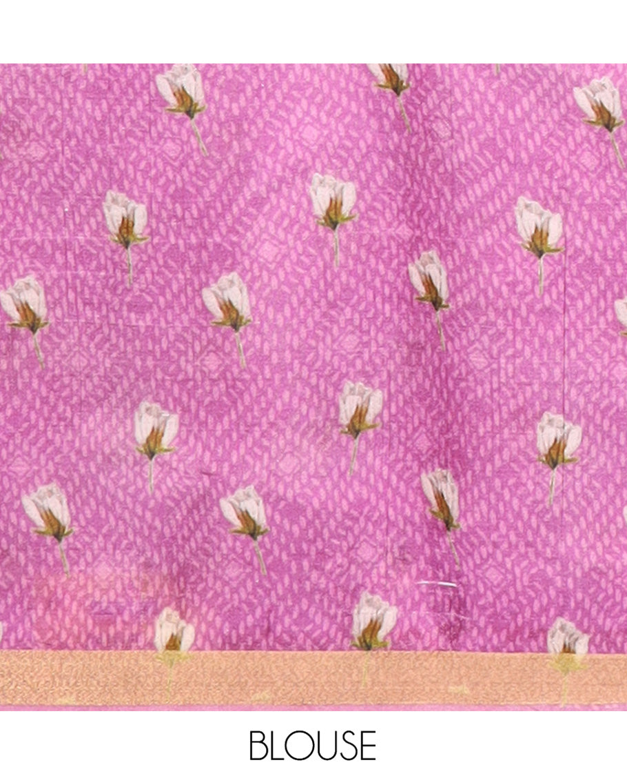 White Banana Pith Saree Mesmerized with Floral Motifs Print, Zari Bavanji Border, Subtle Pallu of Zari Stripes, and Paired with a Contrast Floral Printed Blouse