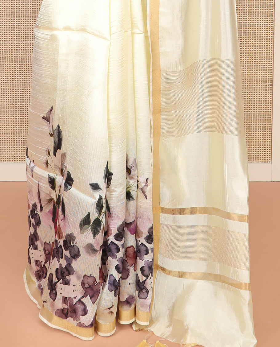 White Banana Pith Saree Mesmerized with Floral Motifs Print, Zari Bavanji Border, Subtle Pallu of Zari Stripes, and Paired with a Contrast Floral Printed Blouse