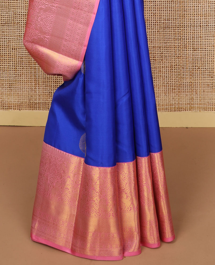 Blue leaf buttas silk saree with contrast intricate zari design border & floral zari design pallu