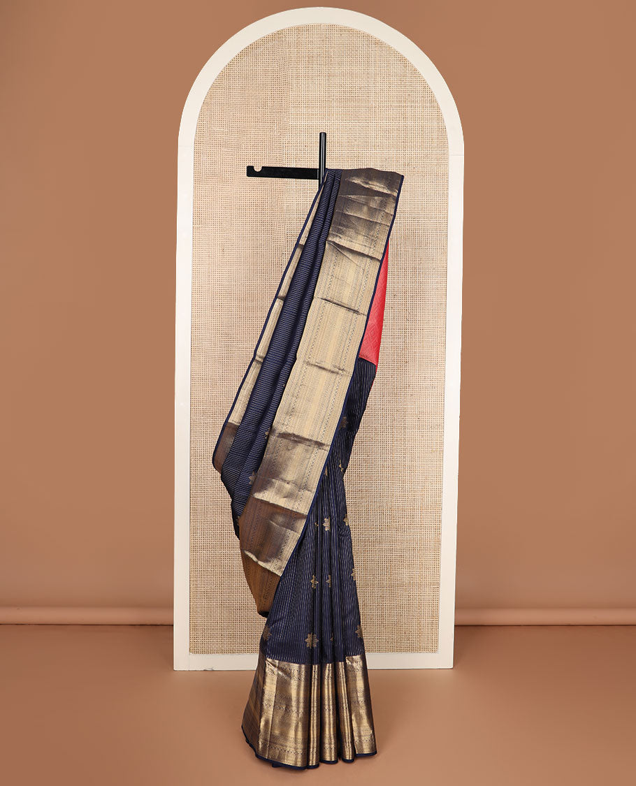Blue zari design silk saree, zari border of vanki,mayil,rettai neli, diamond & geometric patterns & contrast jaal pallu