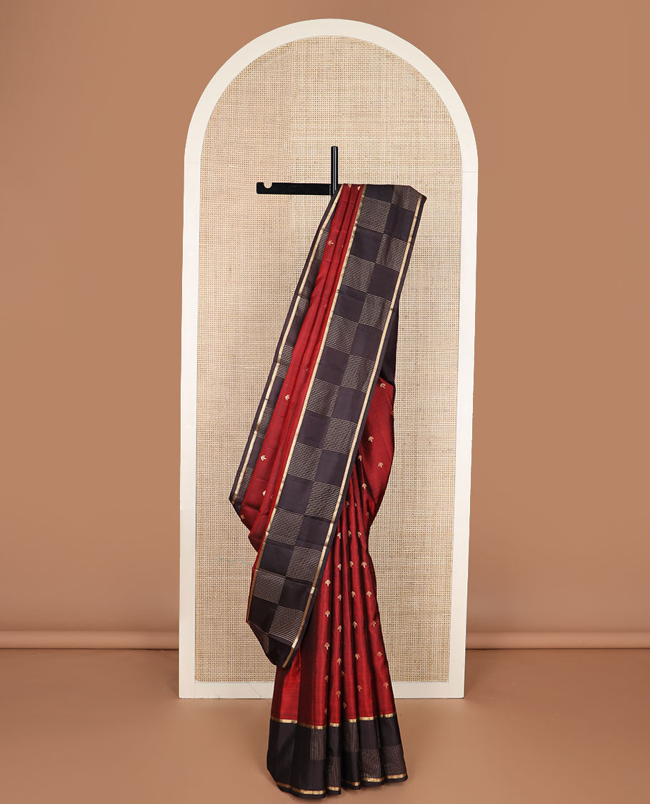 Rust zari buttas silk saree, contrast zari checked geometric patterned zari border & vanki pallu