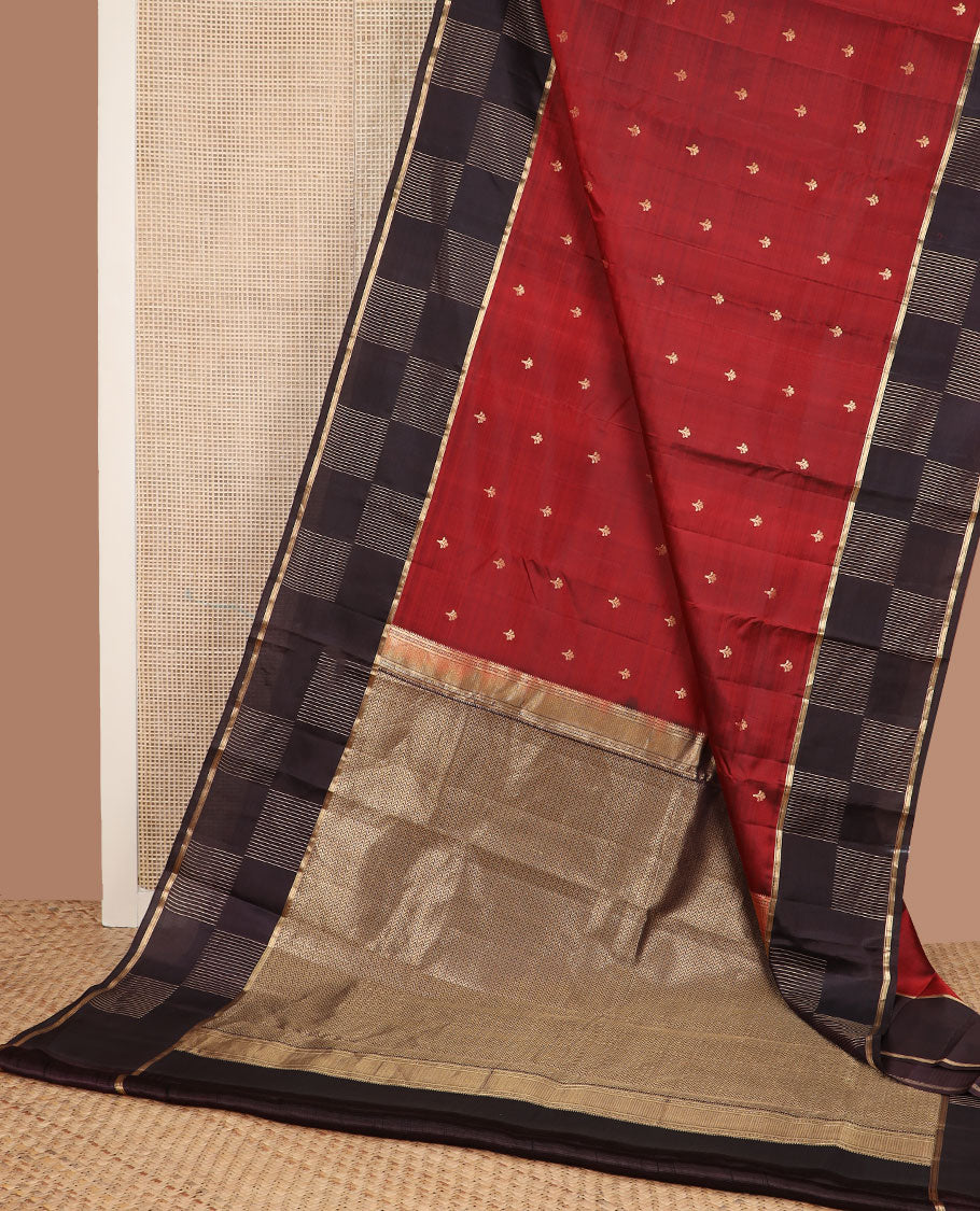 Rust zari buttas silk saree, contrast zari checked geometric patterned zari border & vanki pallu