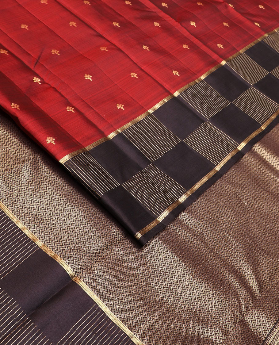 Rust zari buttas silk saree, contrast zari checked geometric patterned zari border & vanki pallu