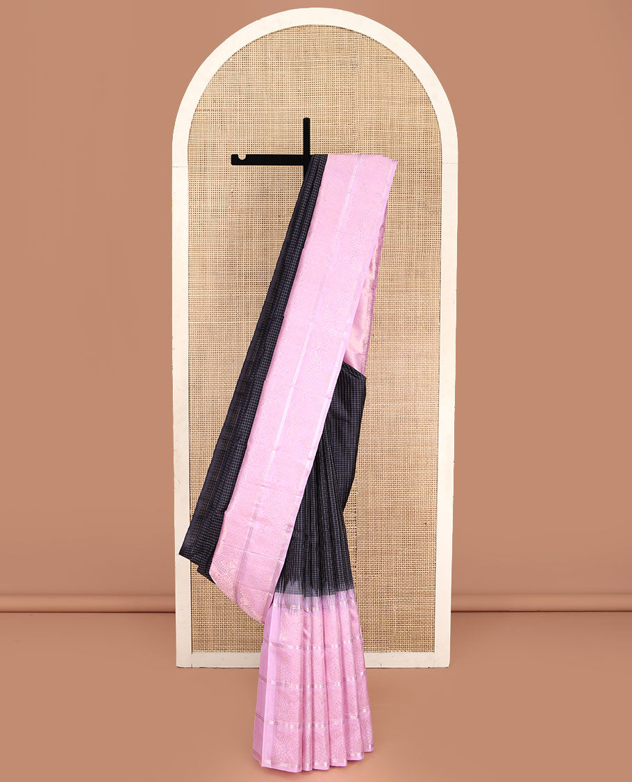 Black Vasundhara Silk Saree, Decked Up with Micro-Checked All Over Its Body, Complemented by Contrast Border of Beautiful Peacock Designs, Pallu Mirrors the Same Designs, and Paired with a Contrast Blouse