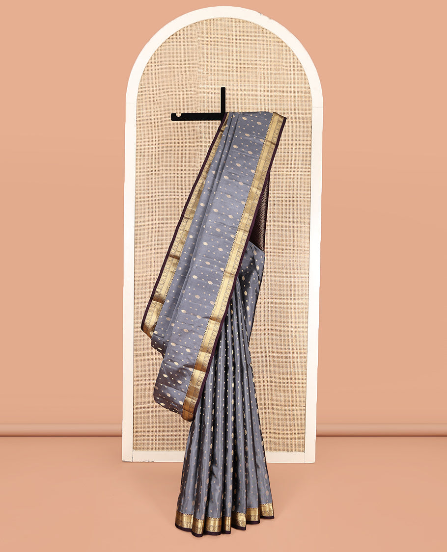 Grey Vasundhara Silk Saree, Subtly Sparkled with Zari Buttas, Contrast Traditional Zari Border, Geometric Pallu, and a Contrast Blouse