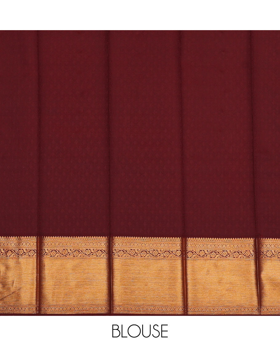 Rust floral jacquard kanchipuram wedding silk saree, contrast traditional zari design border, and intricate pallu